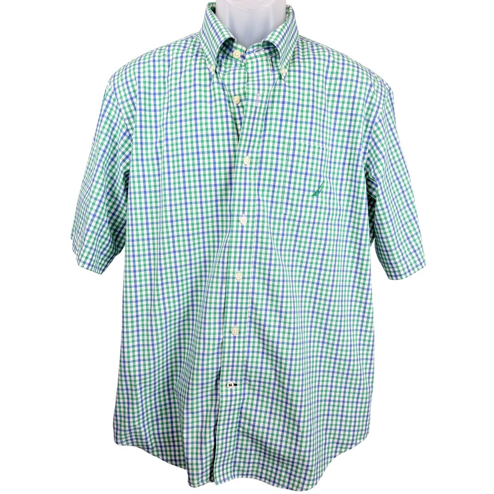 Nautica Classic Fit Blue Green Plaid Button Down Shirt Men's Large Cotton Golf
